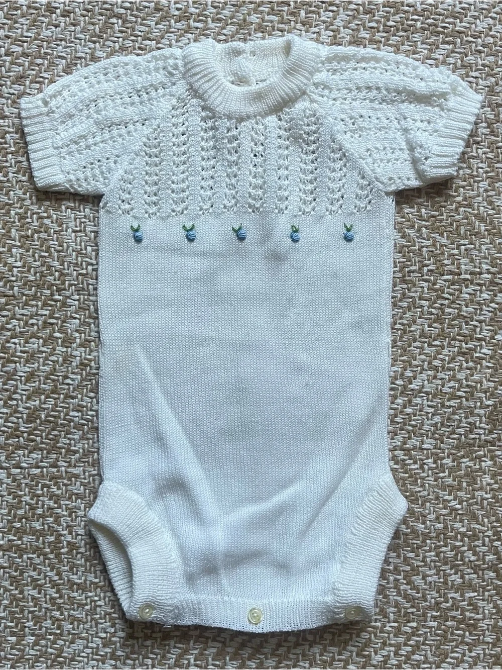 Vintage Menar Import Miami White Knit Baby Bubble Romper Embroidered (call out)